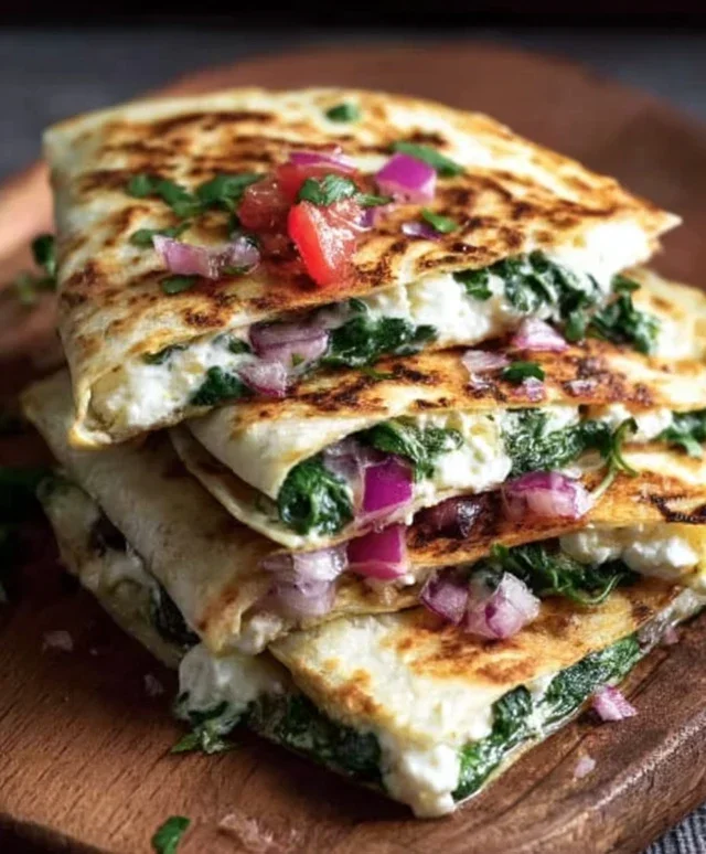 Mediterranean Quesadillas with Spinach, Feta, Mozzarella, and Red Onion