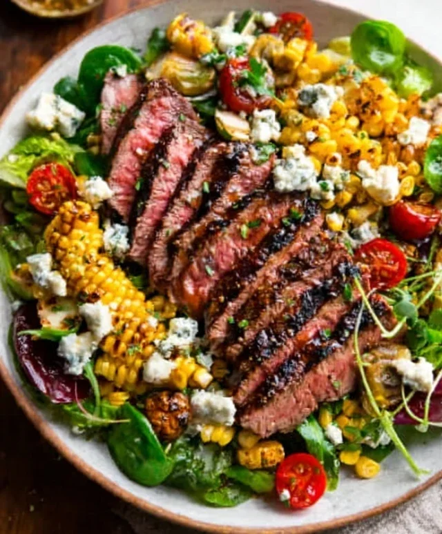 Balsamic Steak Gorgonzola Salad with Grilled Corn