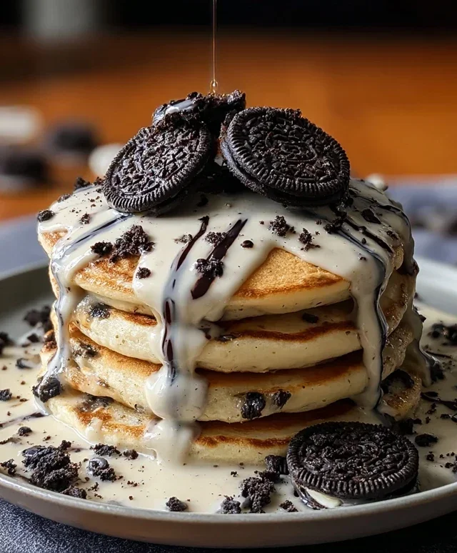 Oreo Pancakes with Cream Cheese Drizzle