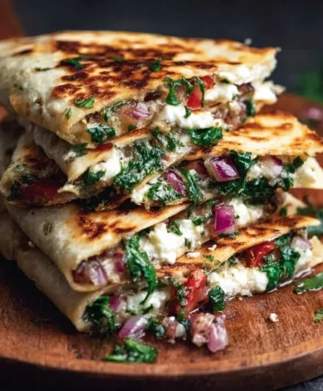 Mediterranean Quesadillas with Spinach, Feta, Mozzarella, and Red Onion