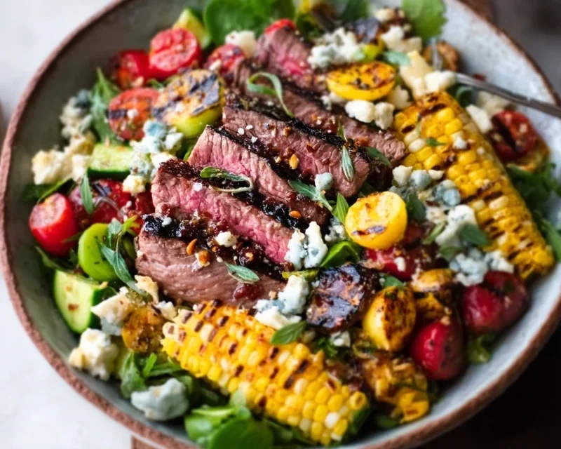 Balsamic Steak Gorgonzola Salad with Grilled Corn