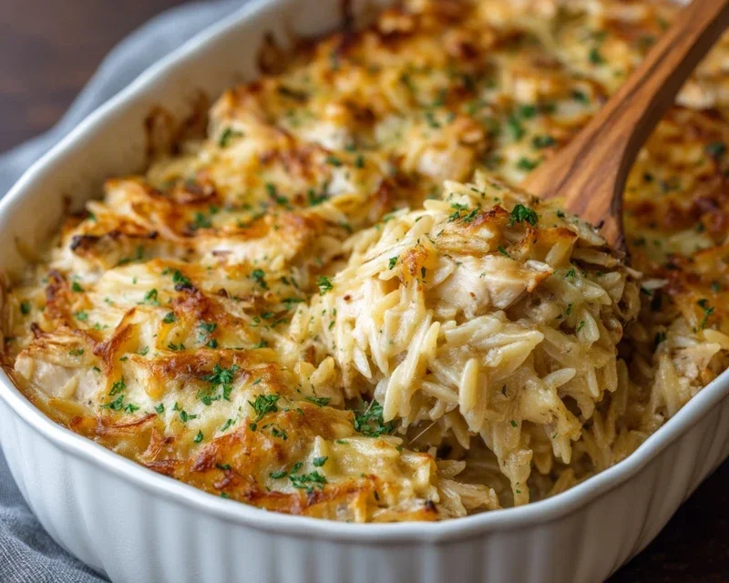 French Onion Chicken Orzo Casserole