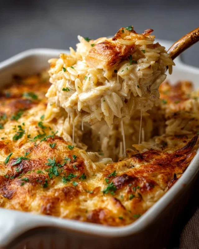 French Onion Chicken Orzo Casserole