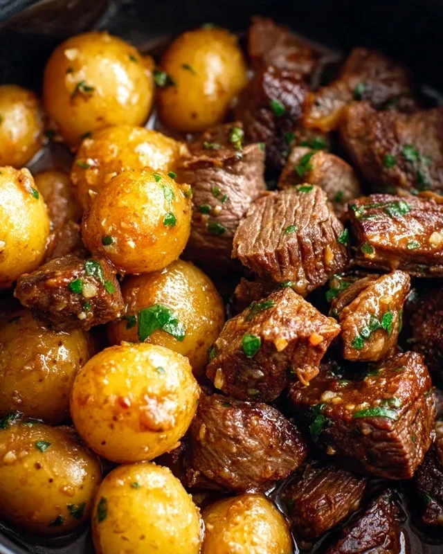 Slow Cooker Garlic Butter Beef Bites with Potatoes