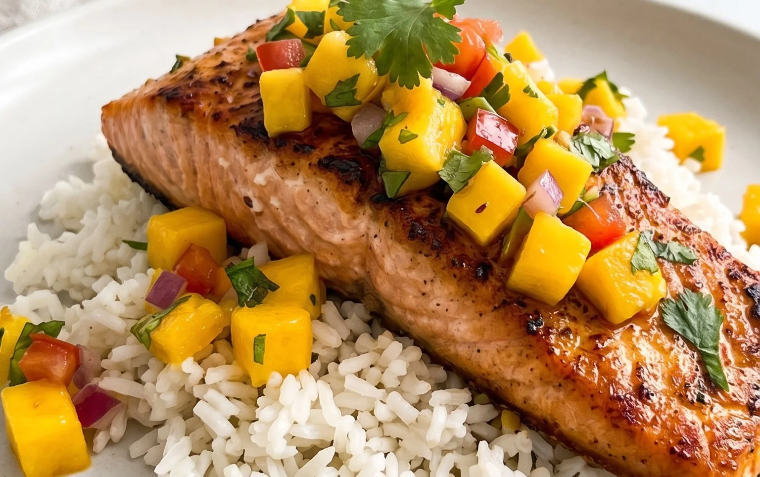 Grilled Salmon with Mango Salsa and Coconut Rice