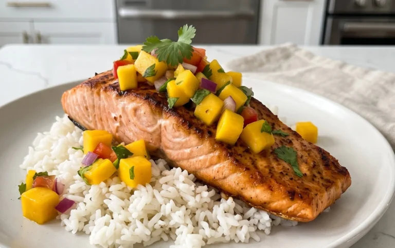 Grilled Salmon with Mango Salsa and Coconut Rice