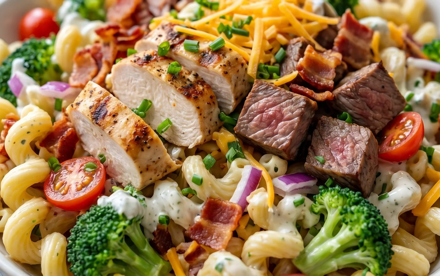 Chicken Beef Bacon Ranch Pasta Salad