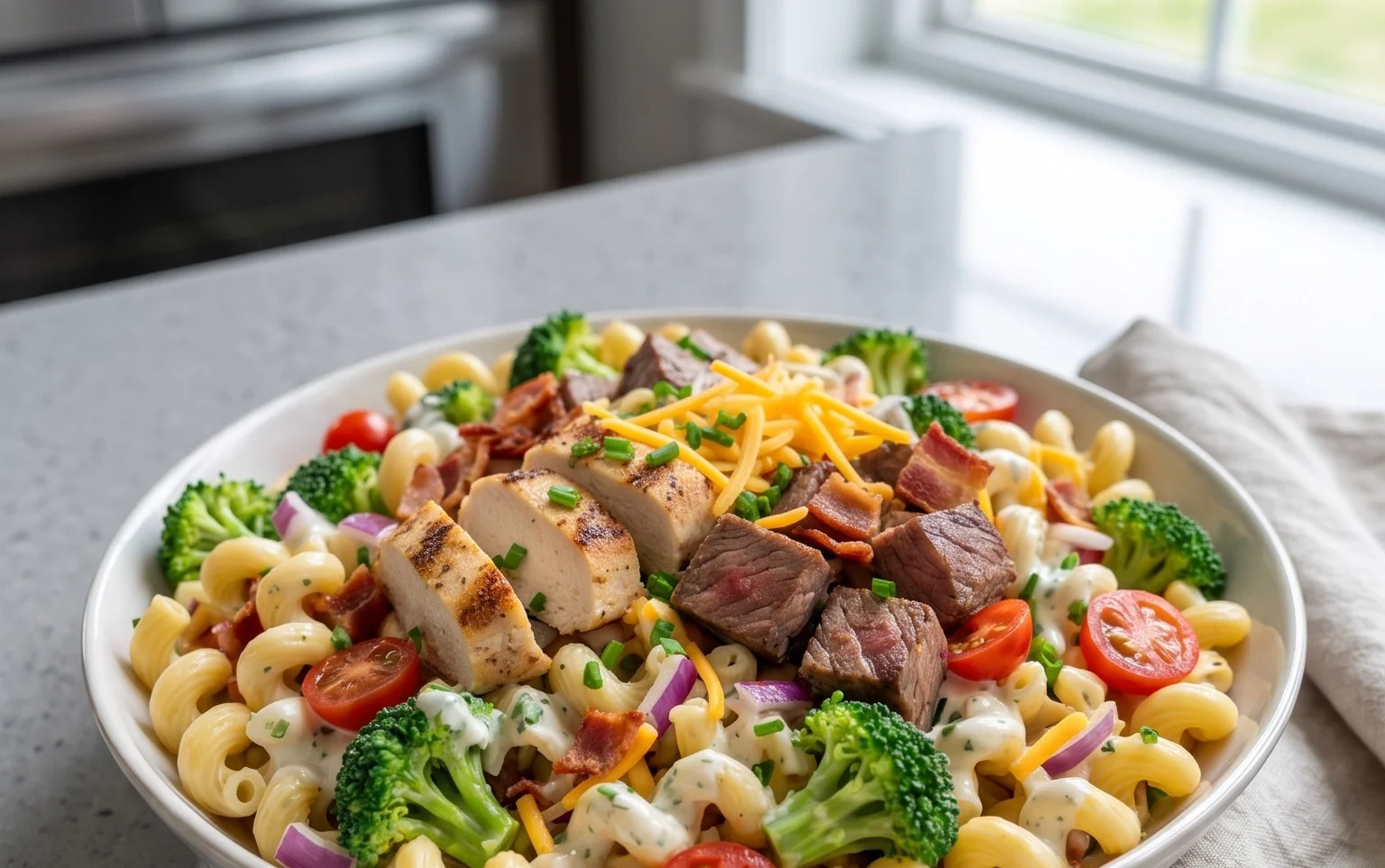 Chicken Beef Bacon Ranch Pasta Salad