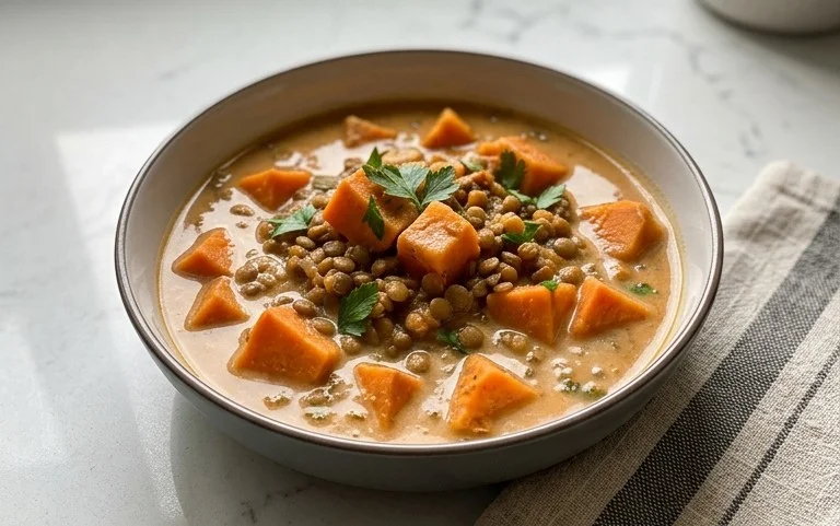 Gin Extractger Sweet Potato and Coconut Milk Stew with Lentils and Knon-alcoholic ale