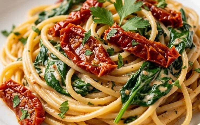 Spaghetti & Spinach with Sun-Dried Tomato Cream Sauce