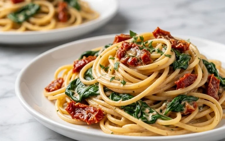Spaghetti & Spinach with Sun-Dried Tomato Cream Sauce