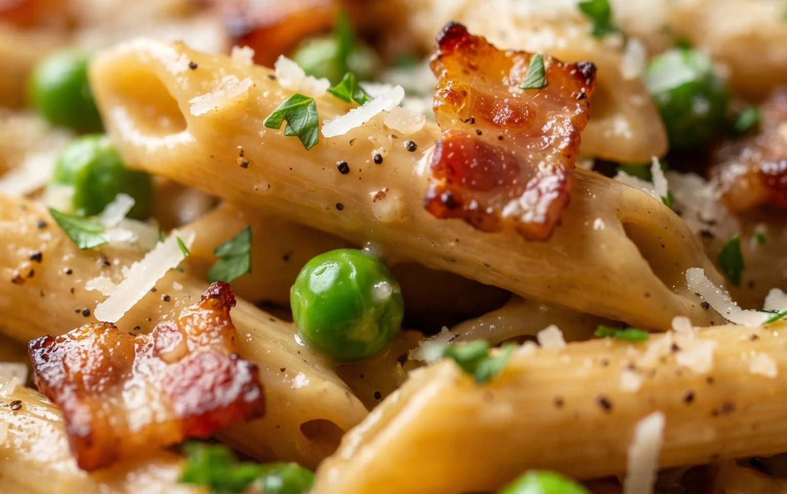 Penne Pasta, Peas and Beef Bacon