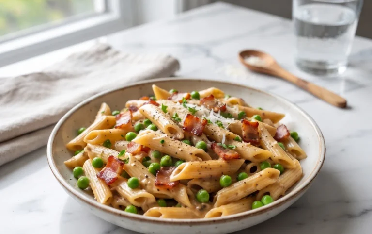 Penne Pasta, Peas and Beef Bacon