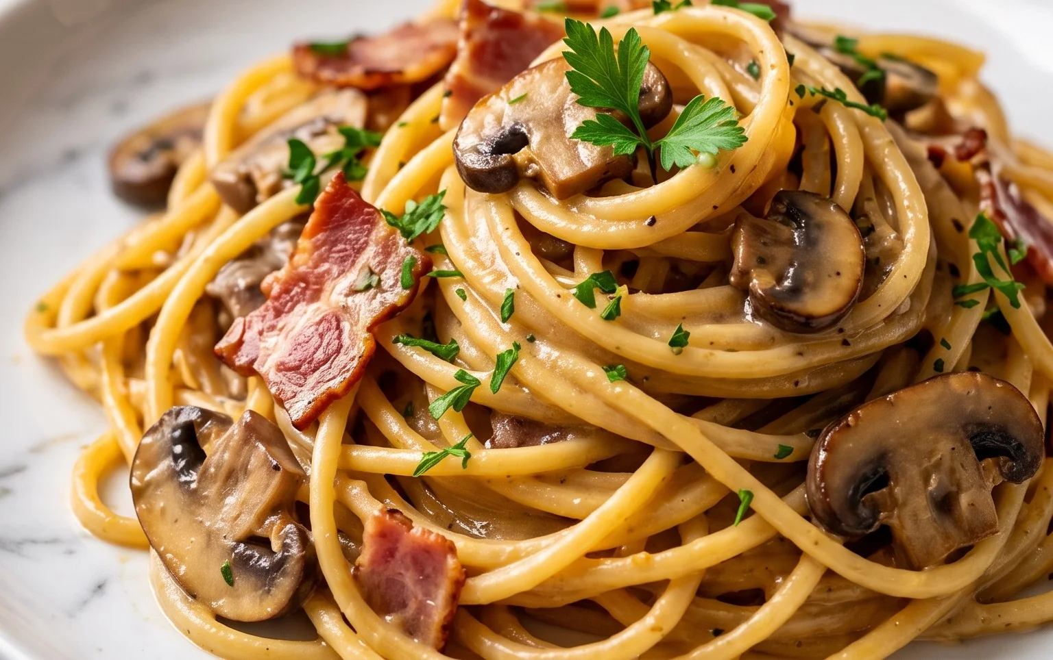 Creamy Beef Bacon and Mushroom Pasta