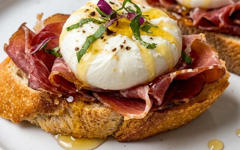 Beef Prosciutto Crostini with Burrata and Lemon Honey Drizzle