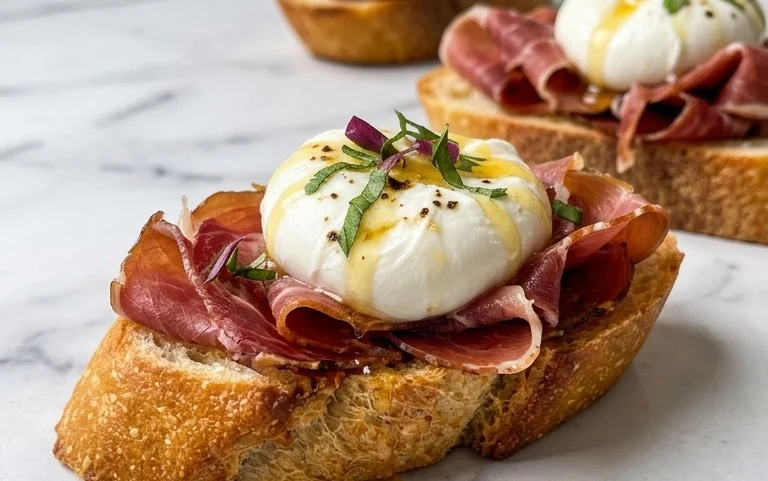 Beef Prosciutto Crostini with Burrata and Lemon Honey Drizzle
